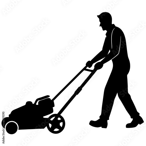 Silhouette of a man mowing a lawn with a lawnmower, isolated on white background