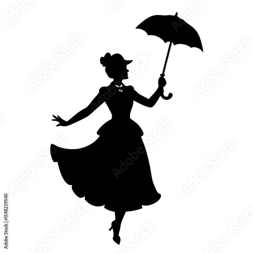 Silhouette of a woman in a vintage dress and hat walking with an umbrella isolated on white background