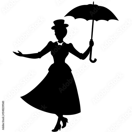 Silhouette of a woman in a vintage dress and hat walking with an umbrella isolated on white background