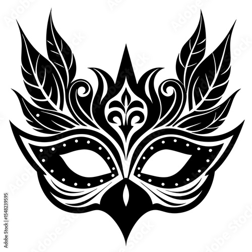 An ornate black and white masquerade mask is isolated on white background