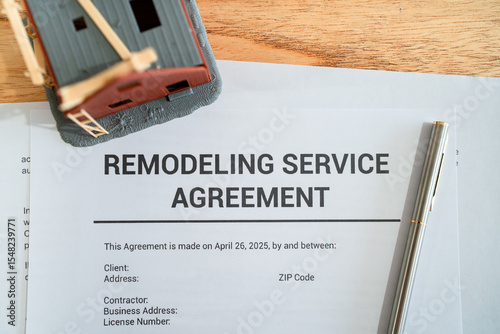 Remodeling service agreement for home renovations. Contract ready to be signed.