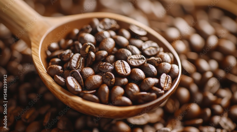 Fototapeta premium Wooden spoon full of roasted coffee beans closeup macro caffeine concept dark rustic food photography