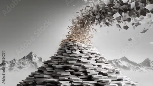 Paper avalanche: Conceptual animation of documents piling up and then exploding upwards