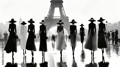 Parisian Elegance: Stylish women walking near the iconic Eiffel Tower in a timeless black and white scene