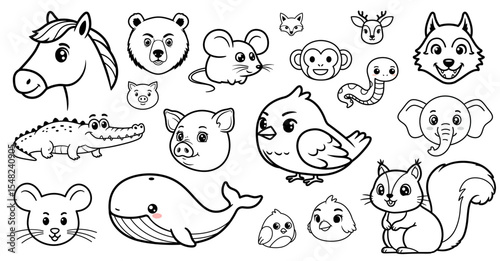 Cute animal doodles including horse, bear, whale, and monkey  