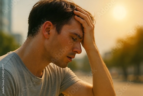 Exhausted man sweating heavily under extreme summer heat, holding head with hand – concept of heatwave and dehydration