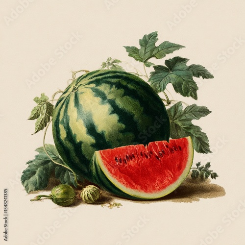 Vintage watercolor illustration of whole and sliced watermelon with leaves