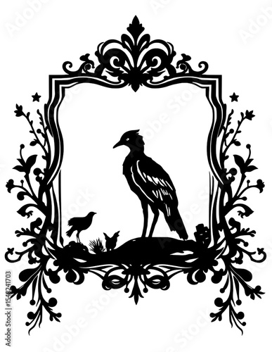 Vintage Ornate Frame with Birds Silhouette - Nature Scene Vector