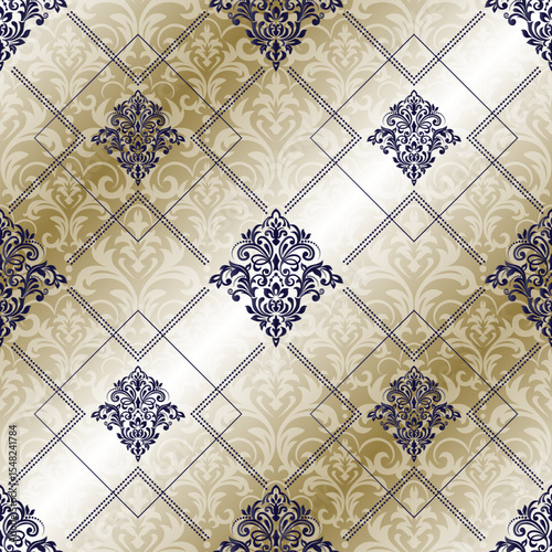 Damask seamless pattern in dark blue, beige, and gold representing elegance and luxury for backgrounds. luxury backgrounds or textiles. Vector, illustration