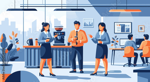 Adobe illustrator artwork vector illustration: Teamwork and collaboration emphasized as diverse professionals interact in a modern office break room, by the coffee machine and meeting table