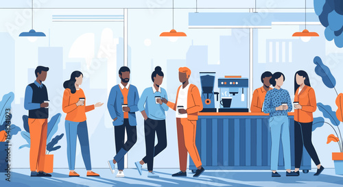 Adobe illustrator artwork vector illustration: Teamwork and collaboration emphasized as diverse professionals interact in a modern office break room, by the coffee machine and meeting table