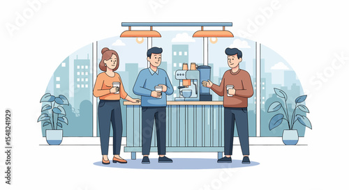 Adobe illustrator artwork vector illustration: Teamwork and collaboration emphasized as diverse professionals interact in a modern office break room, by the coffee machine and meeting table