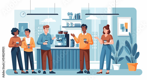 Adobe illustrator artwork vector illustration: Teamwork and collaboration emphasized as diverse professionals interact in a modern office break room, by the coffee machine and meeting table