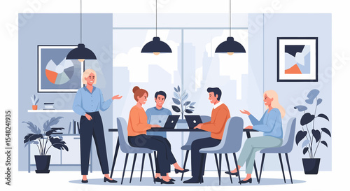 Adobe illustrator artwork vector illustration: A diverse group of professionals collaborates around a modern office table, discussing ideas and working on laptops in a bright workspace