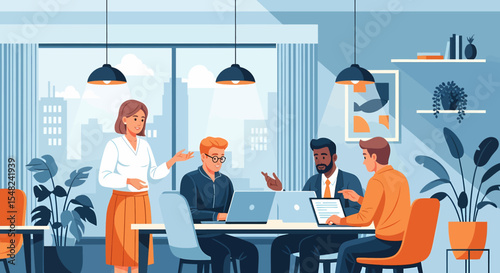 Adobe illustrator artwork vector illustration: A diverse group of professionals collaborates around a modern office table, discussing ideas and working on laptops in a bright workspace