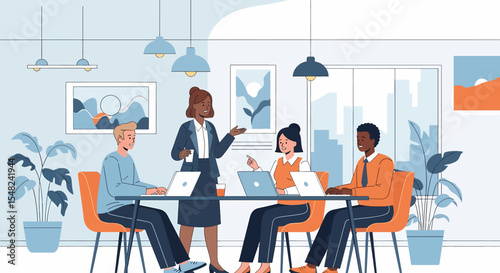 Adobe illustrator artwork vector illustration: A diverse group of professionals collaborates around a modern office table, discussing ideas and working on laptops in a bright workspace