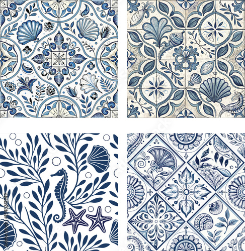 Decorative tiles in blue and white with coastal and nautical elements seamless pattern collection