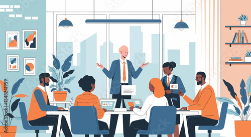 Adobe illustrator artwork vector illustration: A diverse group of professionals collaborates around a modern office table, discussing ideas and working on laptops in a bright workspace