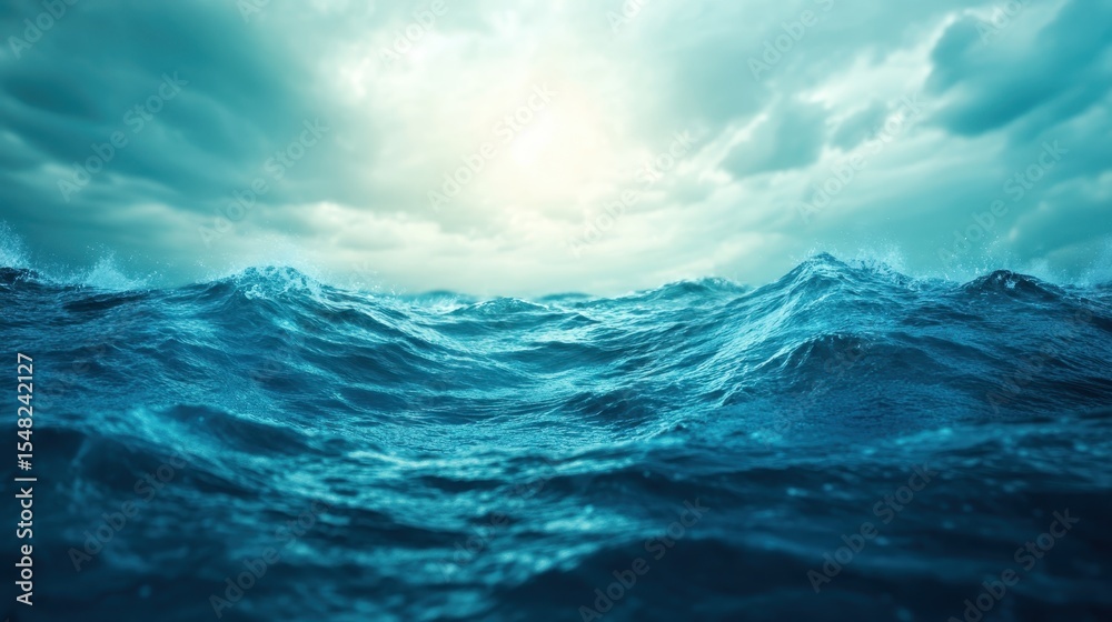 Fototapeta premium Dynamic ocean waves crashing under a sky of clouds, creating a dramatic scene of nature's power and beauty, eliciting feelings of freedom and interconnectedness with the sea.