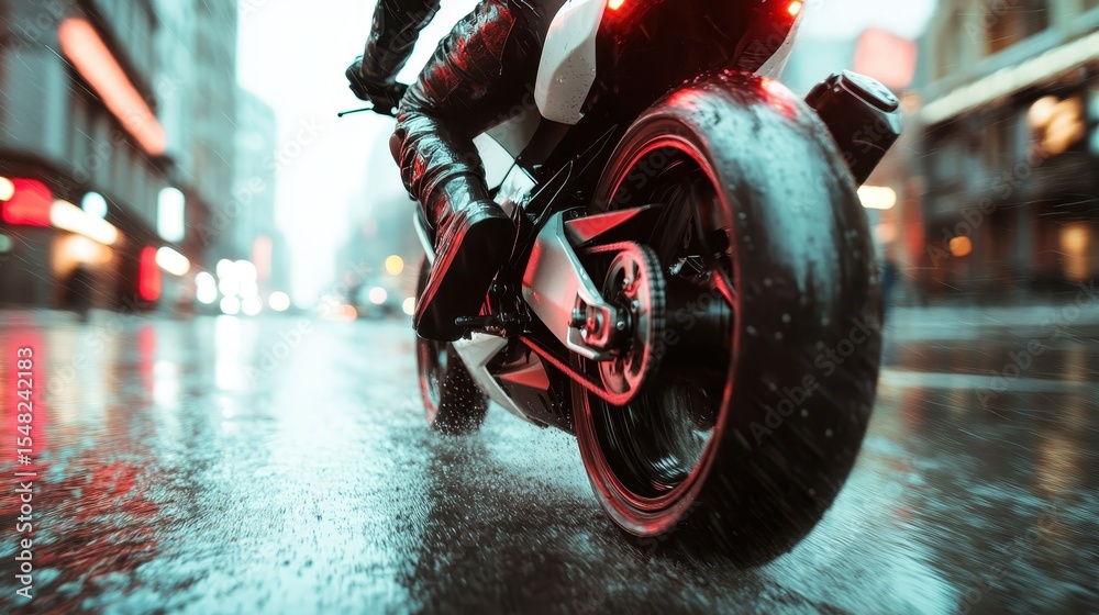 Fototapeta premium A powerful motorcycle rides through rainy city streets, showcasing a sense of adventure and freedom amidst wet urban landscapes and blurred neon lights reflecting on the pavement.