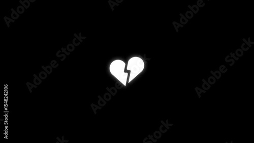 An animated heart broken icon on a black background. A  heart appears in the center and cracks down the middle with a glowing effect. Smooth, looping animation with subtle pulses .