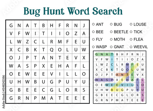 Bug Hunt Word Search Puzzle with Solution and Insect List