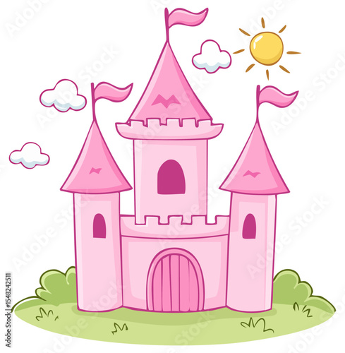 Pink princess castle clipart illustration, isolated 