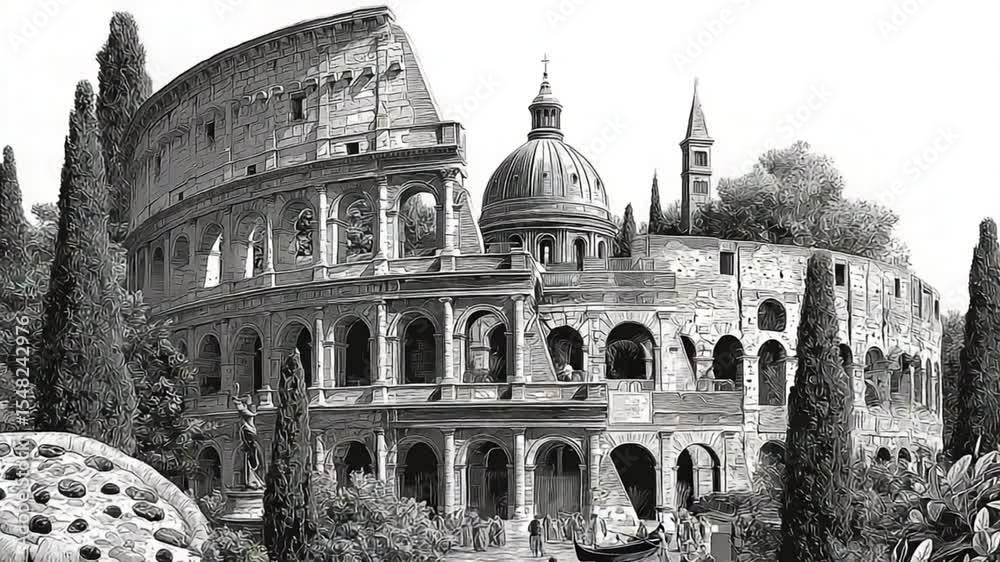 Rome's Colosseum and pizza in black and white vintage etching style illustration