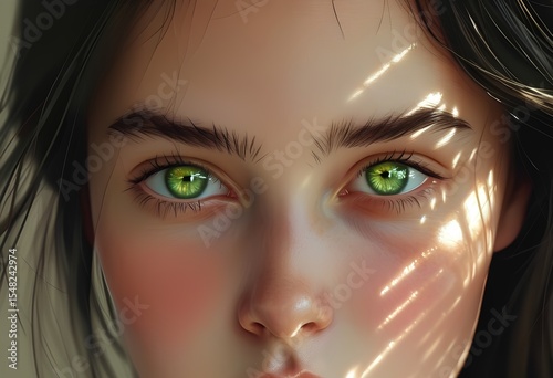 A girl gazes intently with vibrant green eyes, her face softly glowing in natural light. Sun rays create a pattern across her features, highlighting her expression.