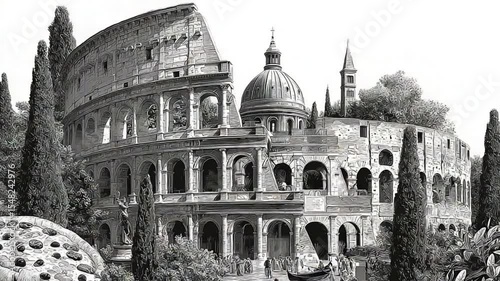 Rome's Colosseum and pizza in black and white vintage etching style illustration