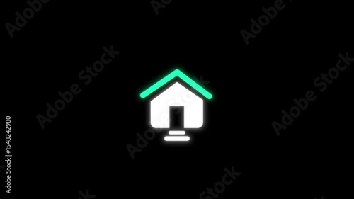 An animated home icon on a black background. The house gently pulses or glows, with smooth line animation . Roofline may draw itself or the door gently opens .