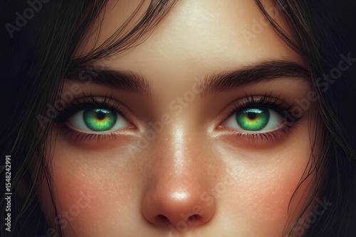 Close-up of a girl with striking green eyes illuminated by sunlight filtering through blinds