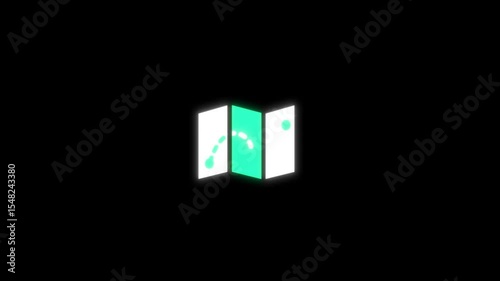 An animated map icon on a black background. The icon features a folded map or GPS pin unfolding, glowing softly, with smooth animation. Subtle pulsing or a location marker bouncing in place.