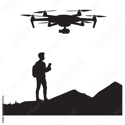 Silhouette of man controlling drone over mountains