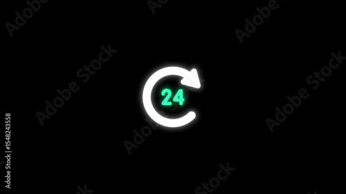 An animated 24 hours icon on a black background. The number '24' with a clock or circular arrow animates smoothly, showing continuous motion to represent nonstop service. The icon glows softly.