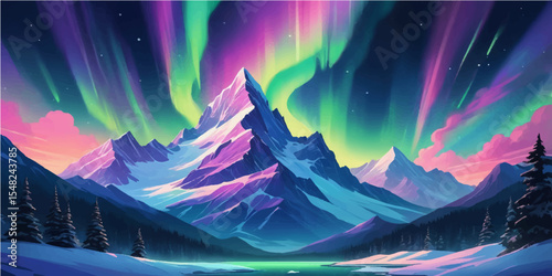 Winter mountain landscape with a beautiful sunrise over snow-covered peaks, offering a panoramic view of nature's serene beauty