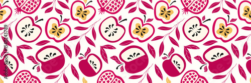 Shana Tova pattern hand drawn modern color stye for Rosh Hashanah holidays, Jewish New Year. Pomegranate, apple, leaves vector