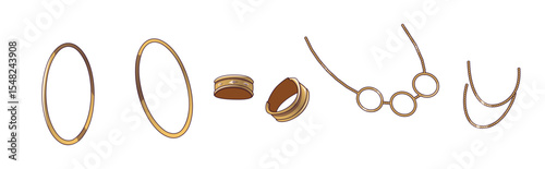 Illustration of various gold jewelry including rings and necklaces with a simple backdrop. Elegant and sophisticated design ideal for fashion or accessory themes.