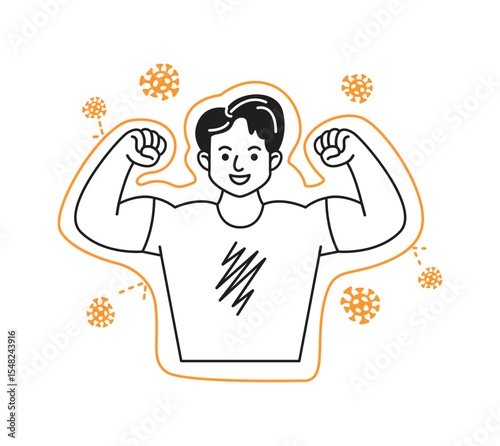 Illustration of a happy man flexing muscles surrounded by virus symbols. Black and orange colors enhance theme of health and immunity. Ideal for wellness topics.