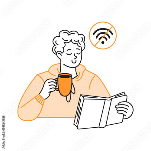 Illustration of person enjoying a book while sipping coffee. Relaxed expression on face. WiFi symbol with line represents digital detox. Simple line art.