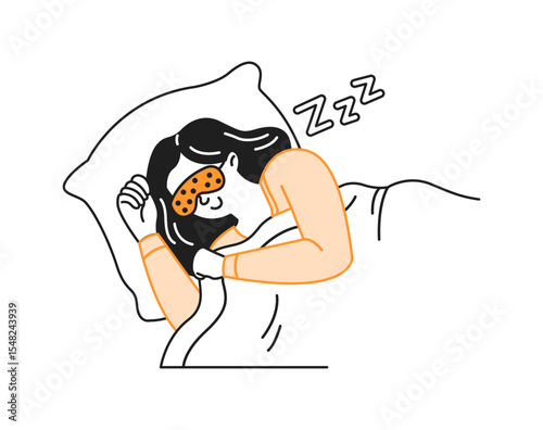 Cartoon illustration of a relaxed woman sleeping peacefully with an eye mask on. She is lying on a white pillow and appears peaceful. The scene is depicted with simple lines.