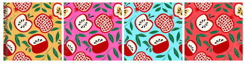 Rosh Hashanah pattern set hand drawn stye for Shana Tova holidays, Jewish New Year. Pomegranate, apple, leaves vector
