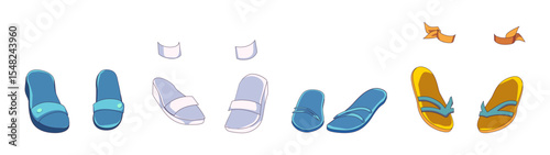 Illustration of various sandals in playful colors on a white background. Depicting different styles and designs suitable for casual or beachwear.