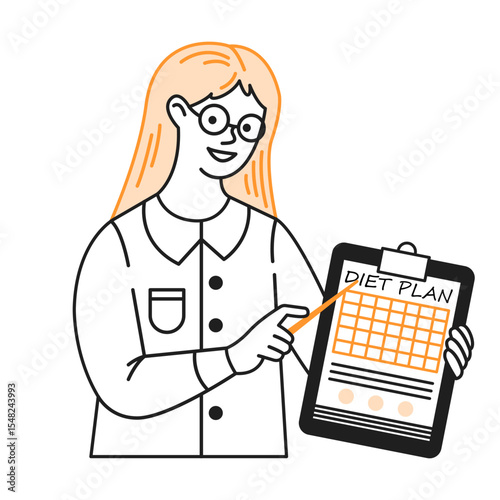 Smiling woman with glasses presenting a structured diet plan. She holds a clipboard and points at the chart with enthusiasm. Minimalistic style with orange accents.