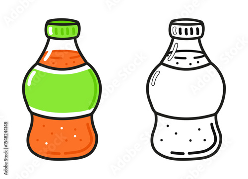 A cartoon soda bottle with a green label and cap alongside a black and white outline.