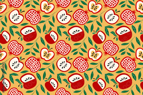 Shana Tova pattern hand drawn stye for Rosh Hashanah holidays, Jewish New Year. Pomegranate, apple, leaves vector
