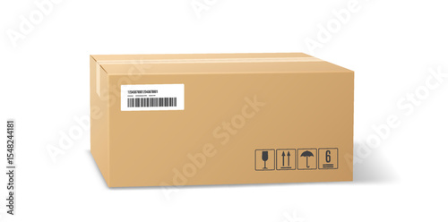 A cardboard box with a barcode sits on a white background. Shipping symbols indicate handling instructions. Ideal for packaging, delivery, and logistics related concepts.