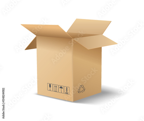 Realistic cardboard box with open flaps on a white background. Simple brown color. Used for packing, moving, and storing items. Ideal for shipping concepts.