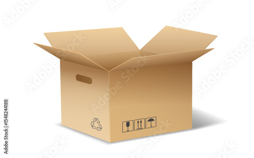 Illustration of open cardboard box with recycling symbol and handling icons. Brown color. Represents packaging and shipping solutions. Useful for ecofriendly themes.