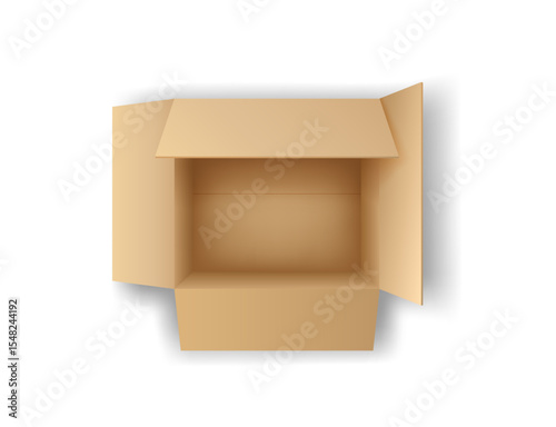 Realistic illustration of an open cardboard box in neutral colors. Useful for storage, moving, and packaging themes on a plain white background.